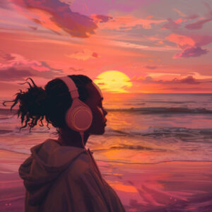 Femme sur une plage écoutant de la musique douce