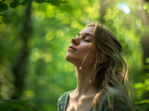 Une jeune femme respire profondément en pleine nature