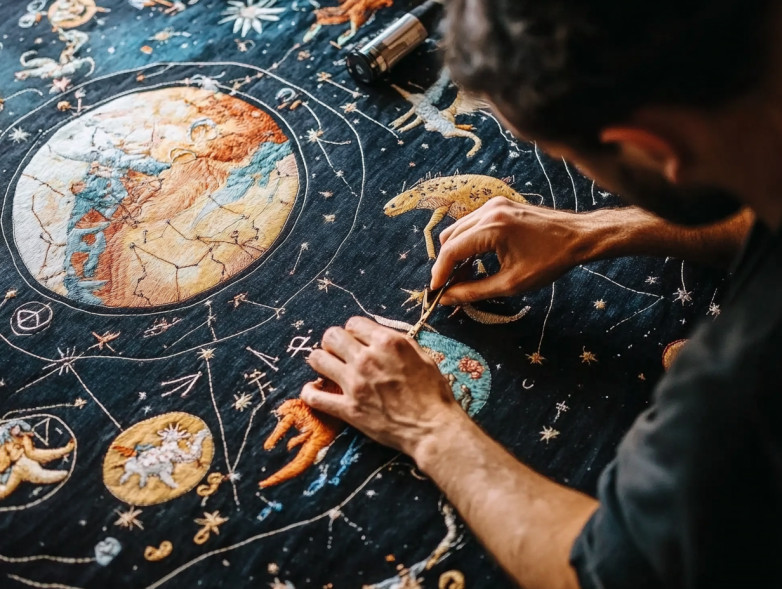 Un couturier réalise une tapisserie avec les signes zodiacaux